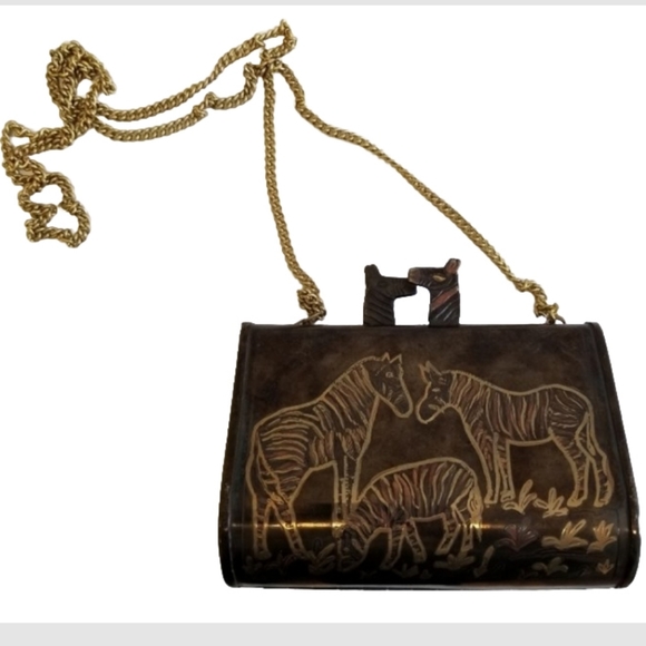 Vintage Brass Zebra Box Purse with Chain – African Safari-Inspired Bag - Picture 2 of 7